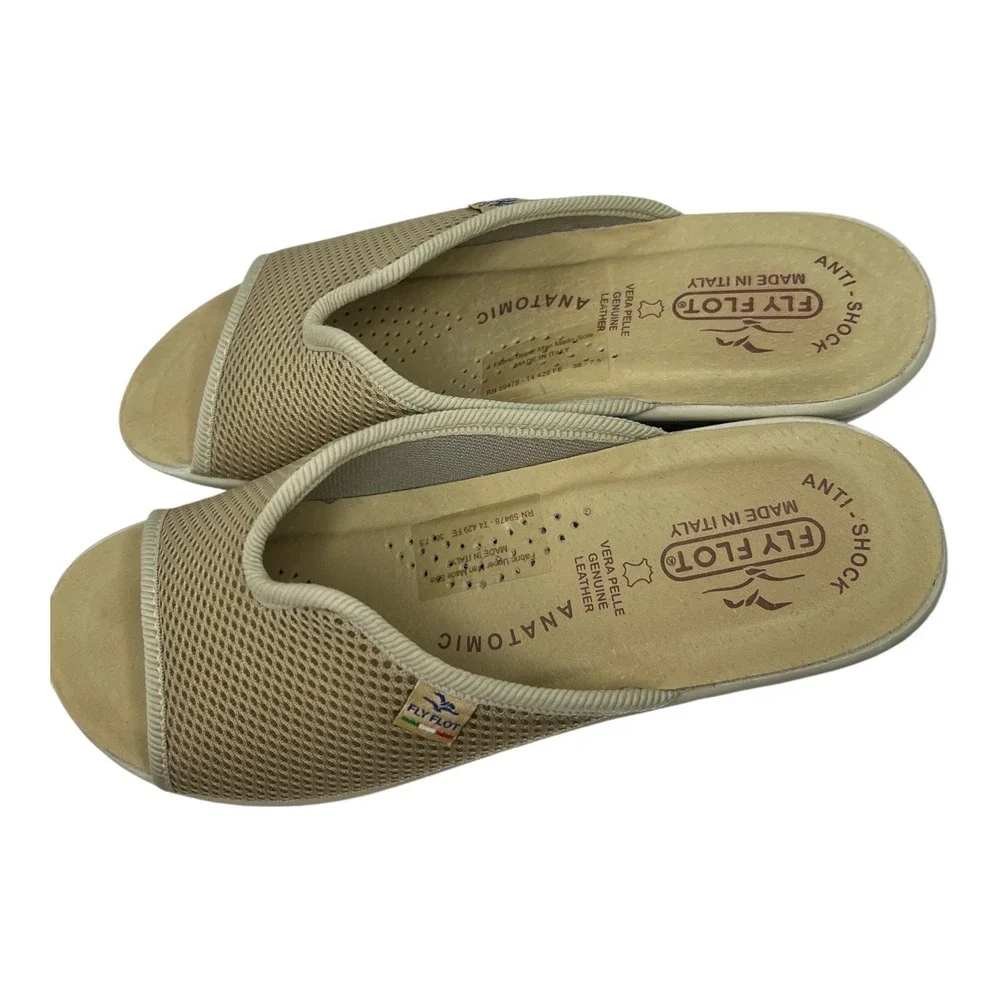 FlyFlot women Tan Mesh Slide Sandal Made In Italy Anti-Shock Comfort Size 38 7.5